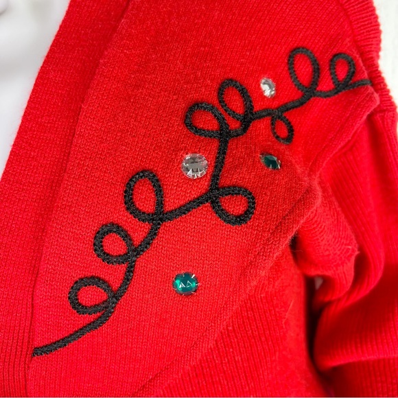 VINTAGE 80s Cable knit open front embroidered crystal studded sweater cardigan - Picture 3 of 9